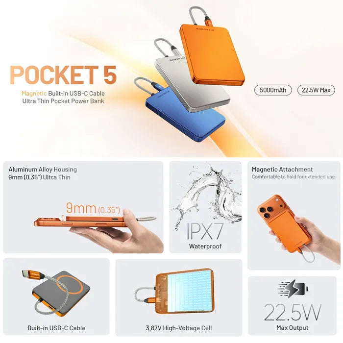 Nitecore (5,000MAH) Magnetic Ultra Thin Power Alloy Bank Built-In USB C Orange