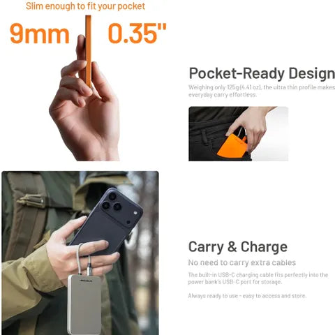 Nitecore (5,000MAH) Magnetic Ultra Thin Power Alloy Bank Built-In USB C Orange