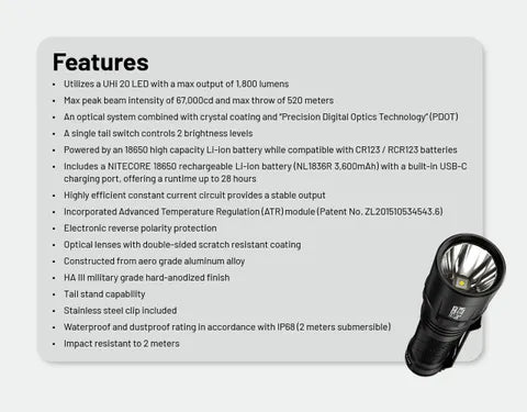 Nitecore MT2C Pro (1800 Lumens) USB Rechargeable Ultra Lightweight Tactical Torch