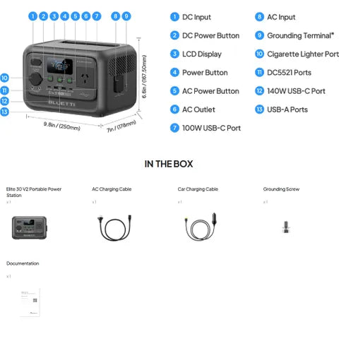 Bluetti Elite 30 V2 Portable Power Station (288W/600WH)